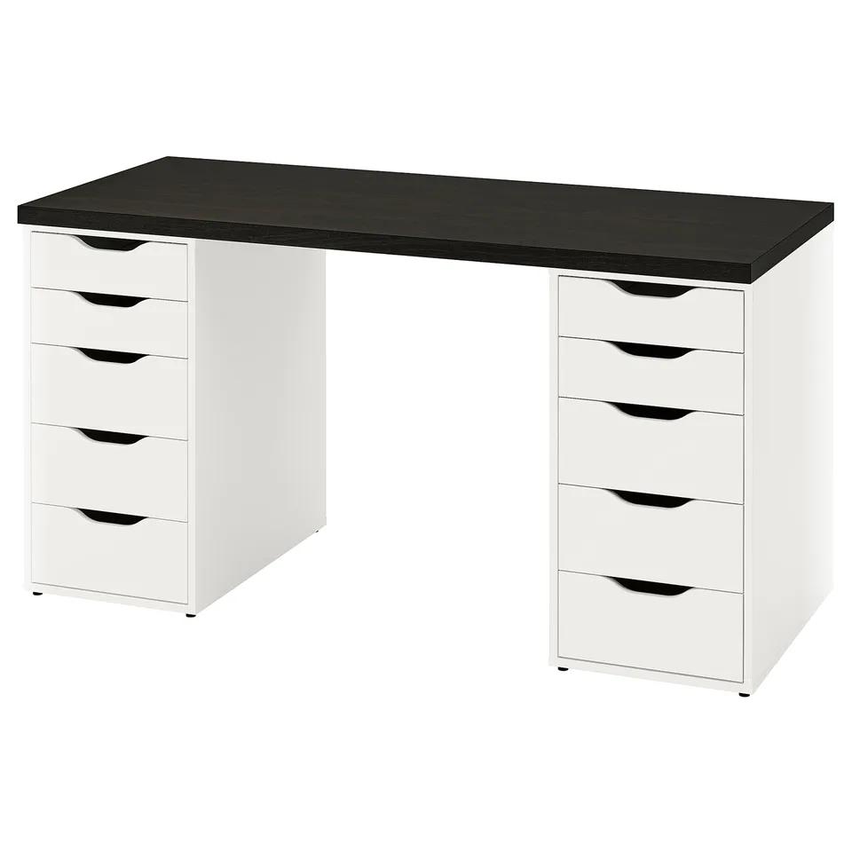 LAGKAPTEN desk in brown/white, rectangular, with drawers.