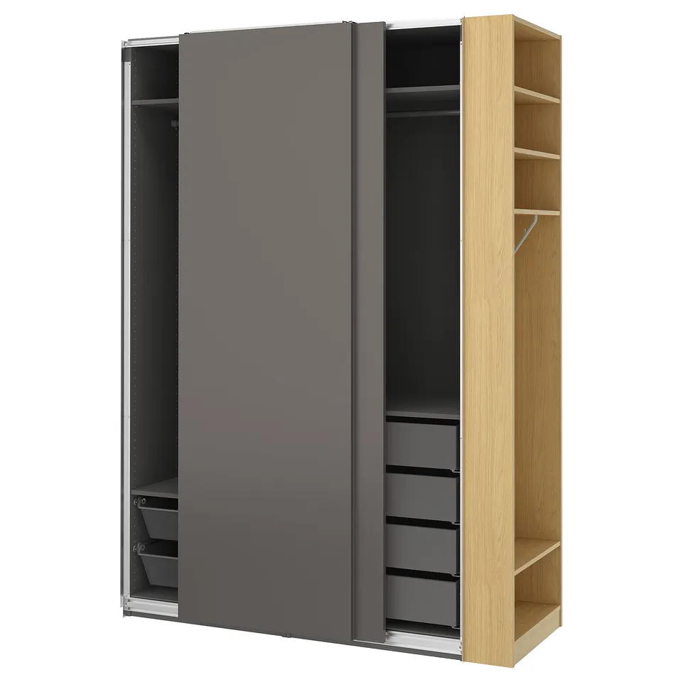 PAX / HASVIK Wardrobe combination, dark grey dark grey/oak effect, 170x66x236 cm