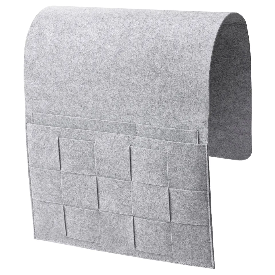 Grey polyester felt bed pocket, curved shape with grid design.