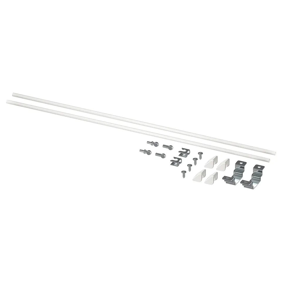 ENHET kitchen island assembly parts: white rods, metal brackets, and screws.