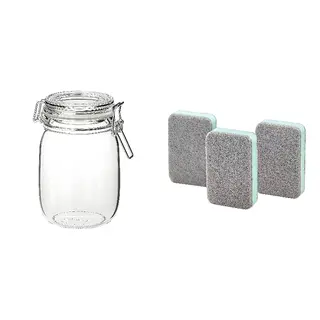 KORKEN/SVAMPIG set: jar with lid + sponge, clear glass + grey-green, 1 l
