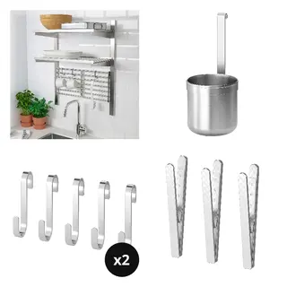 KUNGSFORS set: suspension rail with shelf/wll grid + container + s-hook x2 + magnetic clip, stainless steel, Width 64 x Depth 32 x Height 80 cm