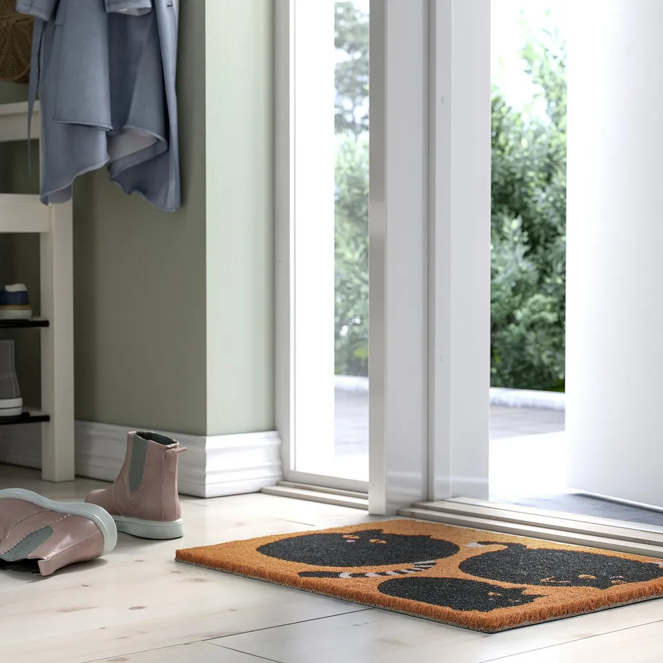 Yellow and black cat door mat, rectangular, durable coir material.