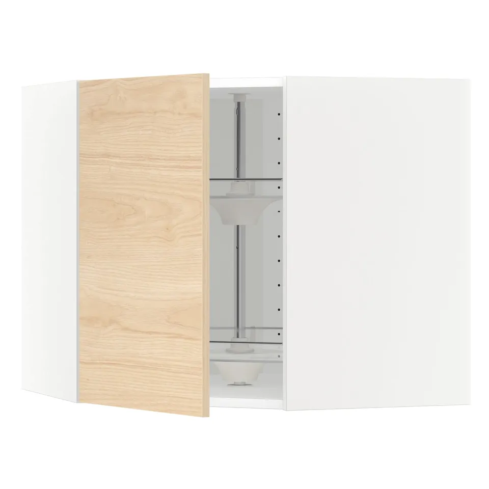 Modern kitchen cabinet with light ash wood door and adjustable shelves.