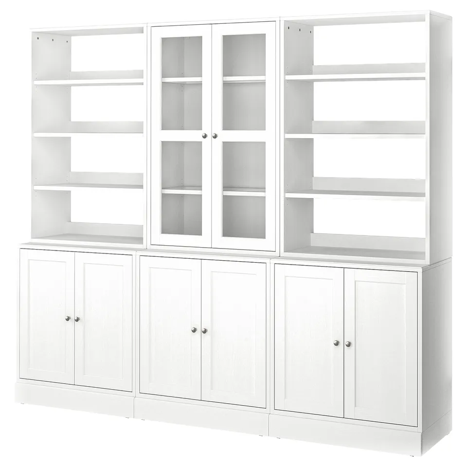 HAVSTA white wooden bookcase with glass doors and cabinets.