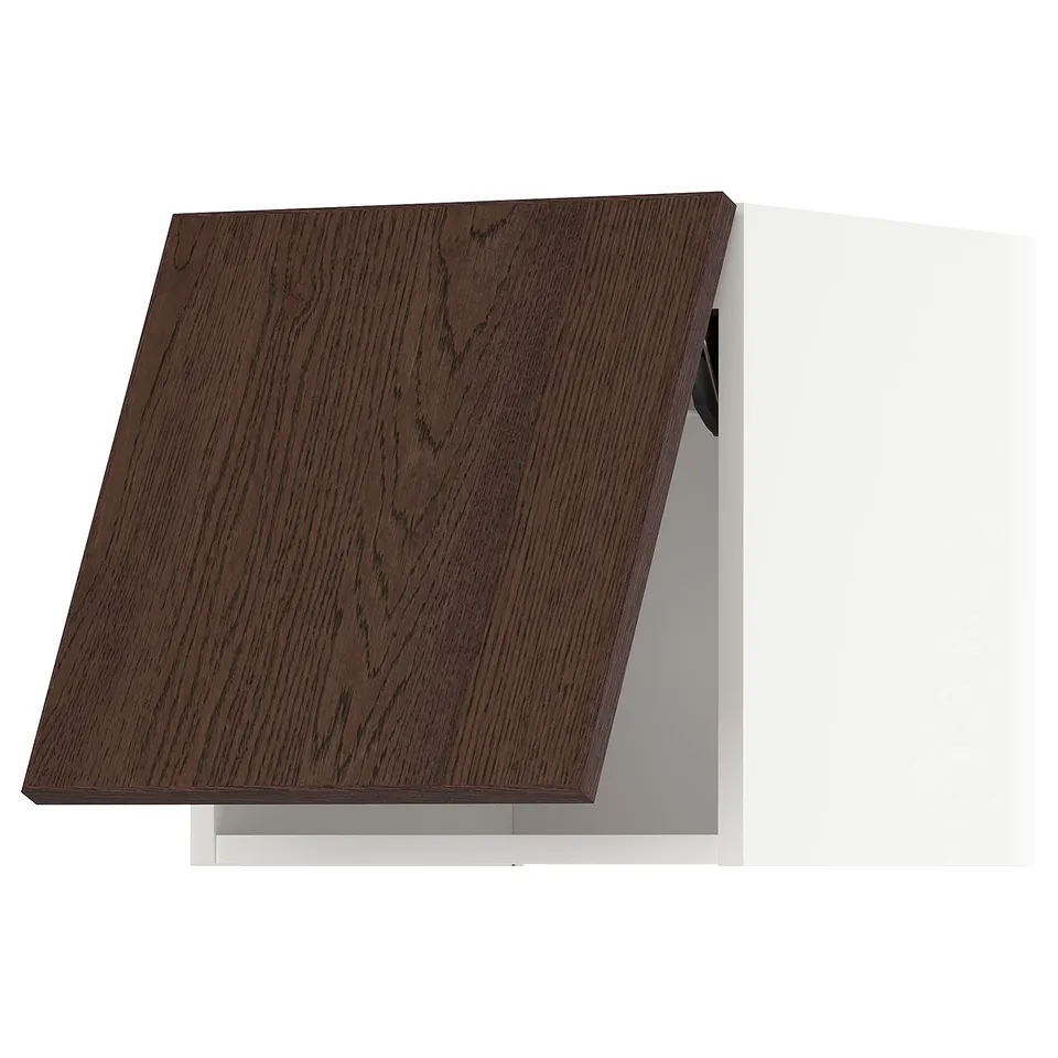Modern brown oak kitchen cabinet with slight angle.