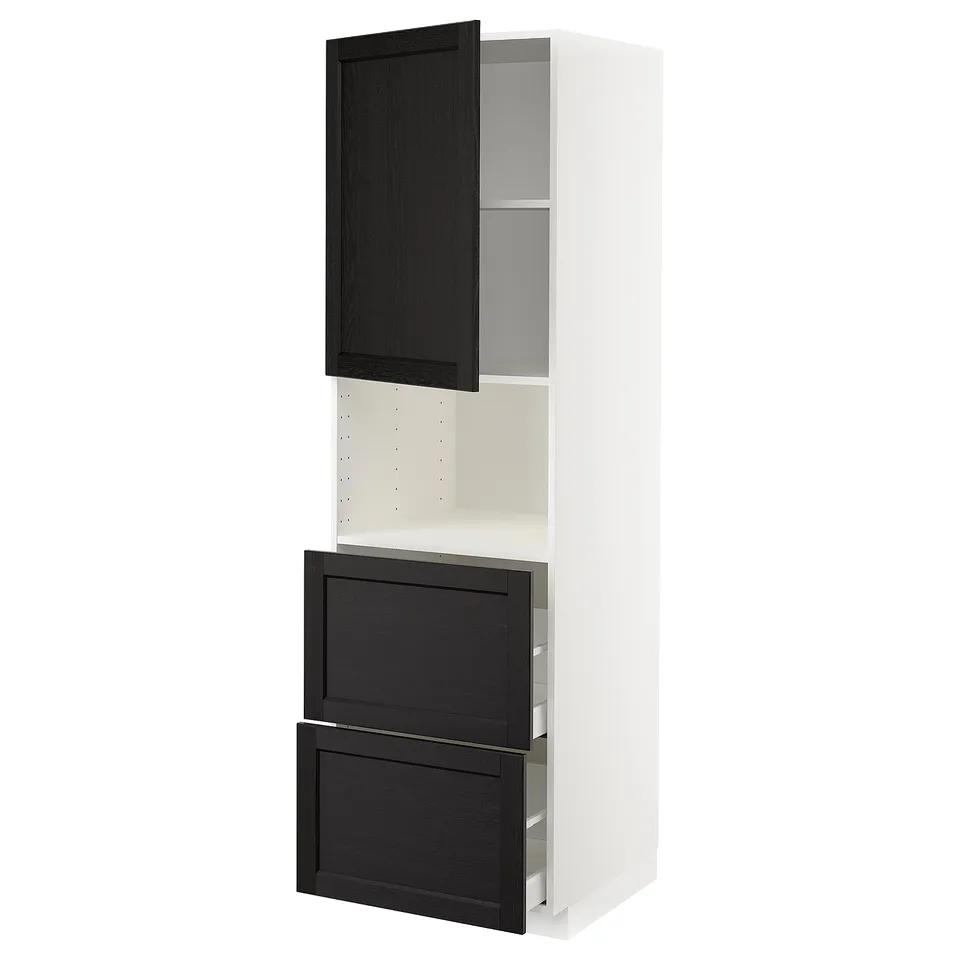 Modern white and black kitchen unit with open and closed storage.