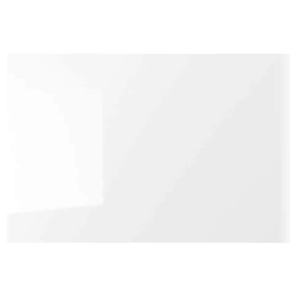 A white, glossy RINGHULT kitchen cabinet door with sleek, modern lines. Its made from fibreboard and durable, easy-to-clean surfaces.