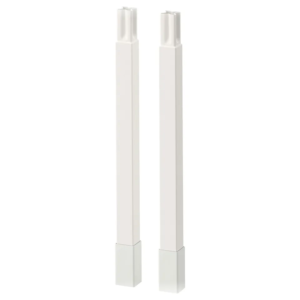 Two white ENHET bathroom legs. Upright, rectangular, metal, adjustable, for base frames.