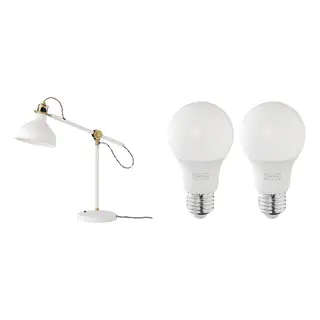 RANARP/SOLHETTA set: work lamp + LED bulb E27 806 lumen, off-white + dimmable/globe opal white, Height 42 cm
