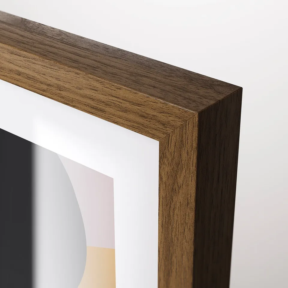 Wooden picture frame with clean lines and smooth finish, showcasing an abstract image through its clear front cover. Modern and minimalist design.
