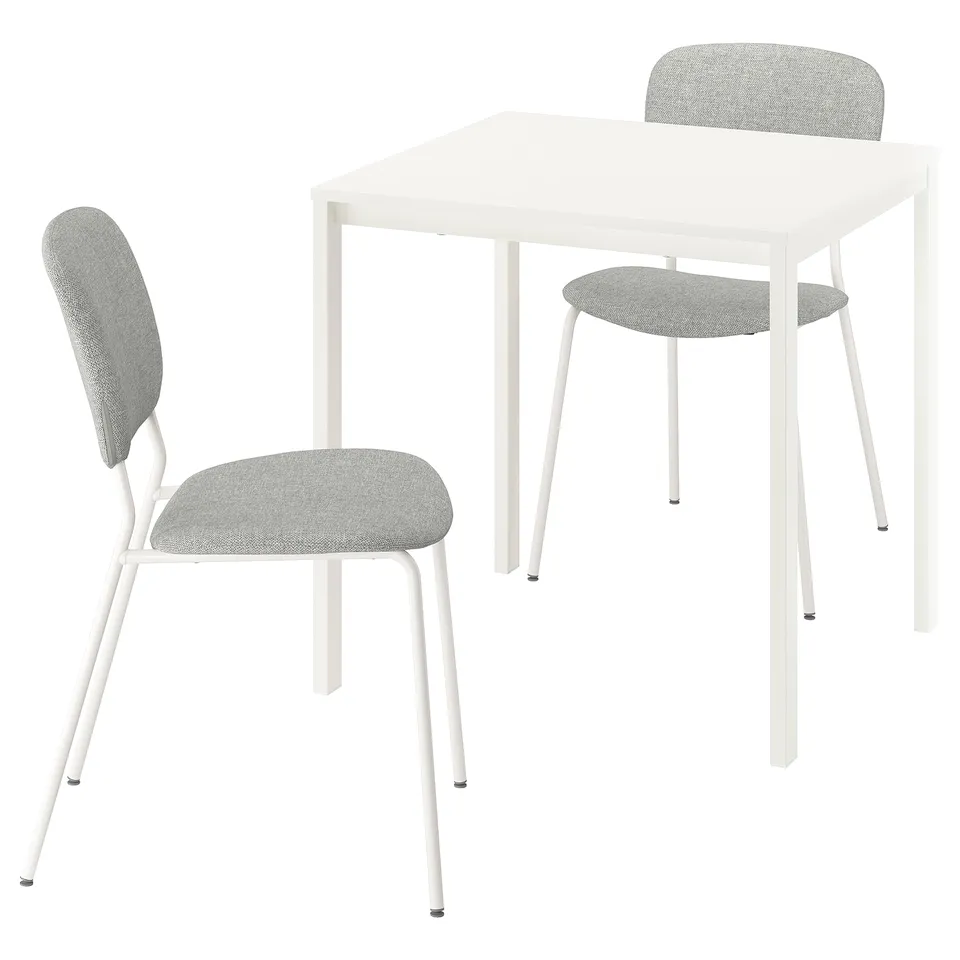 A white VIHALS dining set with a square table and two upholstered chairs.