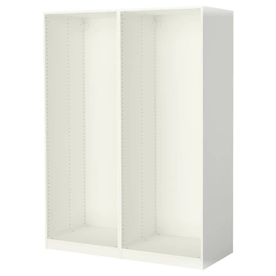 White ikea PAX wardrobe frame, modular, no doors, metal holes for customization.