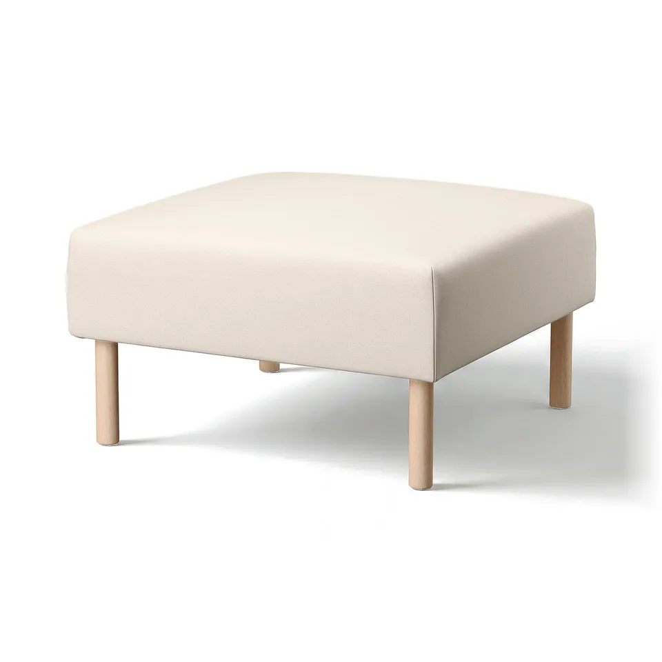 LILLEHEM ottoman: beige, square, rounded edges, fabric, wooden legs, modern design.