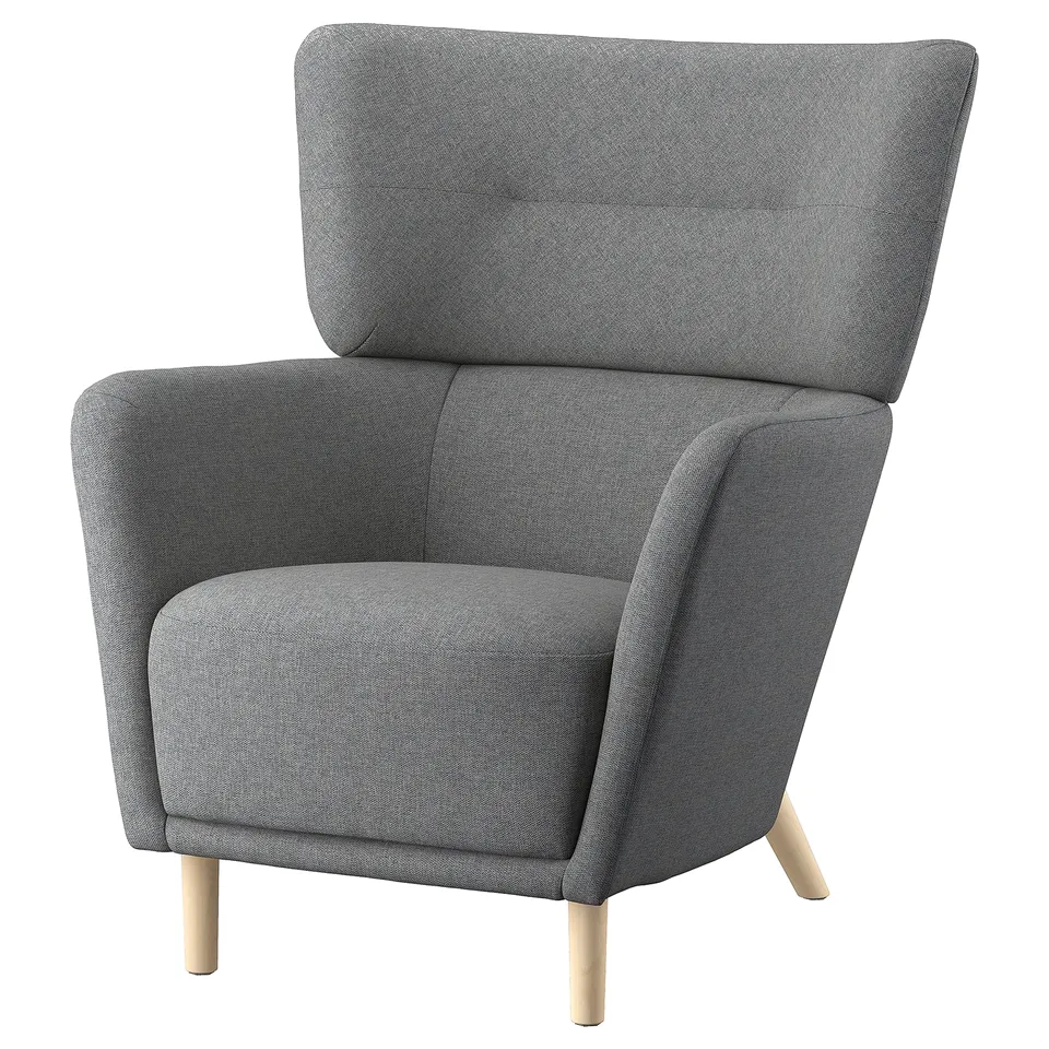 Grey OSKARSHAMN wing chair, cosy design, wooden legs, high back, comfy seat.