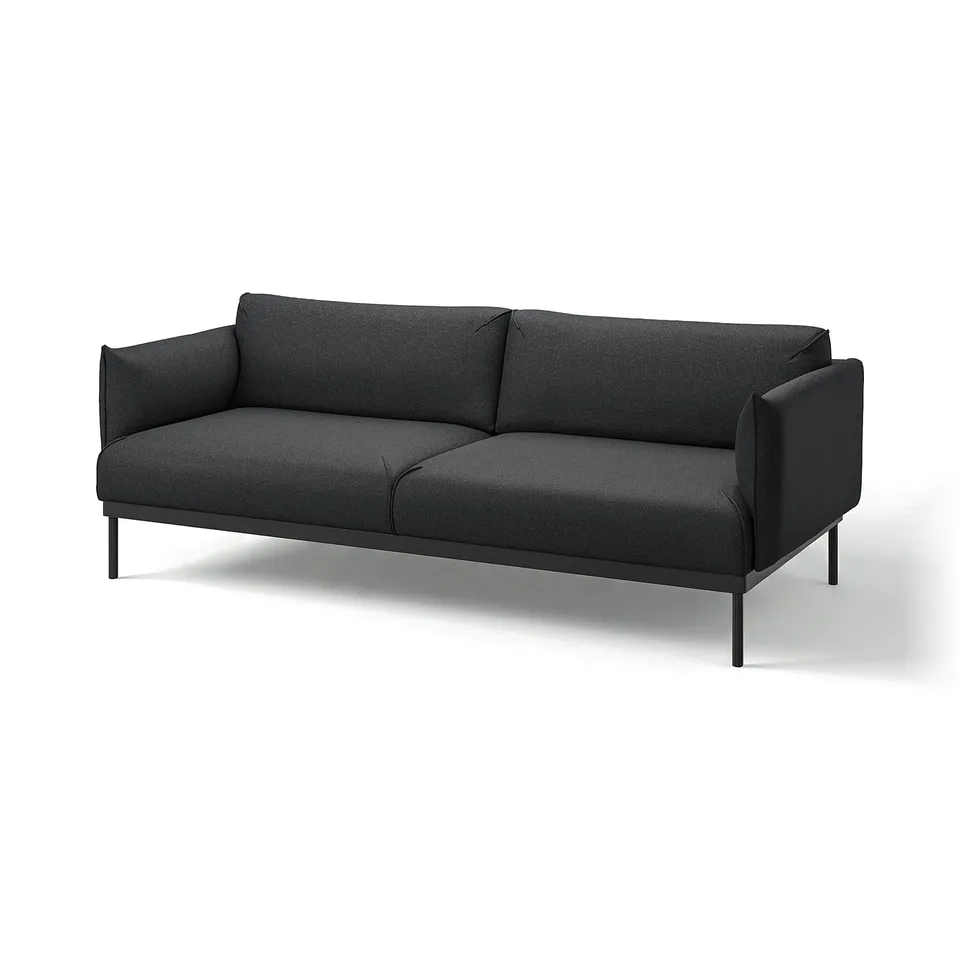 A modern black ÄPPLARYD sofa with sleek lines and slim metal legs, offering a minimalist and comfortable design.