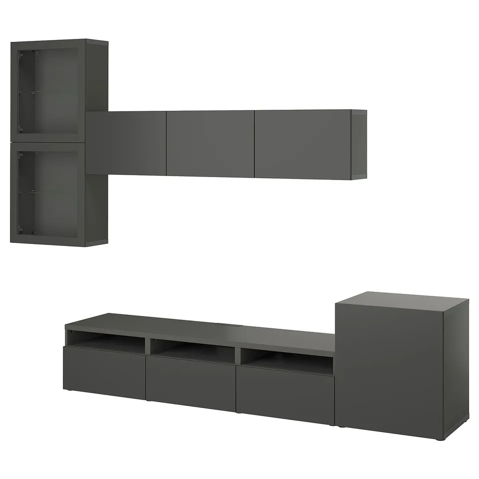 Three-piece dark grey modern furniture set including wall-mounted shelves and a long tv bench with various compartments and drawers.