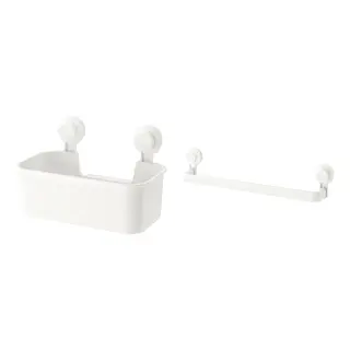 TISKEN set: basket with suction cup + towel rack with suction cup, white, Width 28 x Depth 17 x Height 17 cm