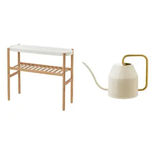 SATSUMAS/VATTENKRASSE set: plant stand + watering can, bamboo/white + ivory/gold-colour