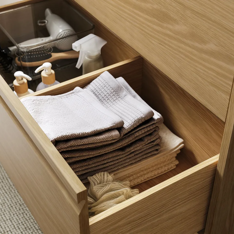 ÄNGSJÖN / LERSJÖN Wash-stnd w drawers/wash-basin, oak effect/black marble effect, 82x49x79 cm