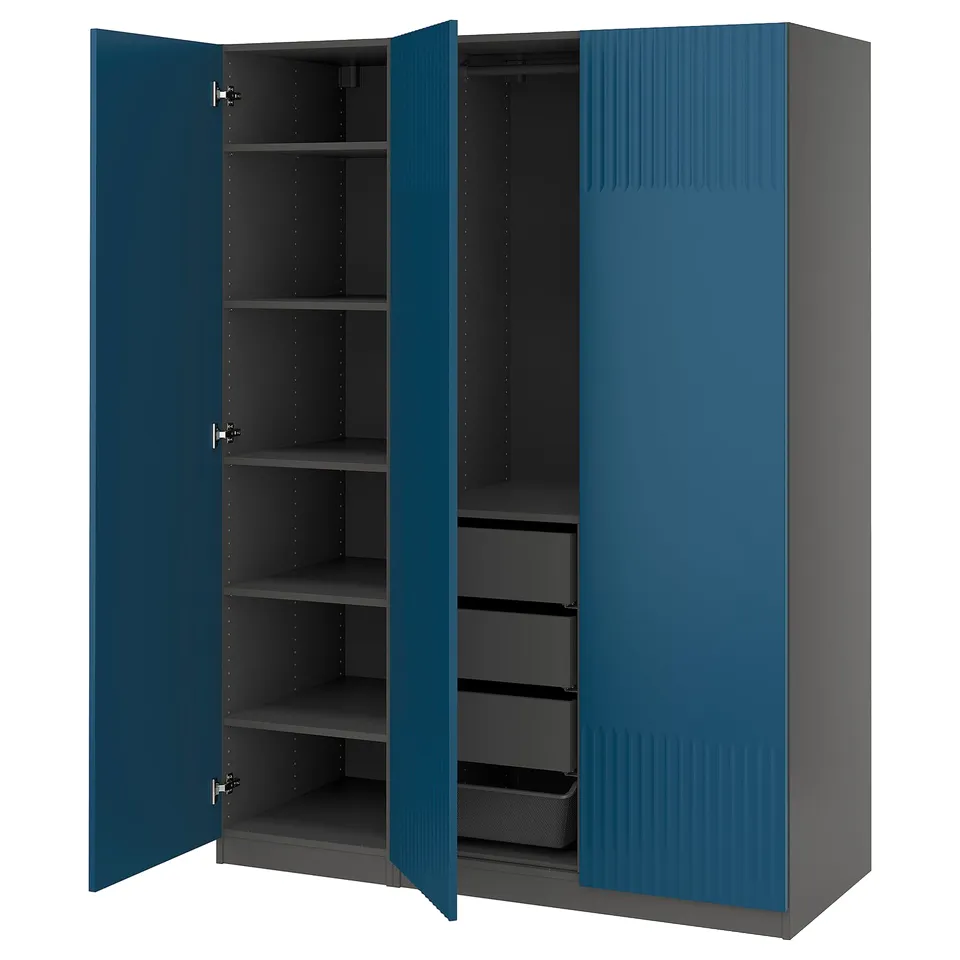 Blue PAX wardrobe with adjustable shelves and mesh basket, featuring soft-close doors.