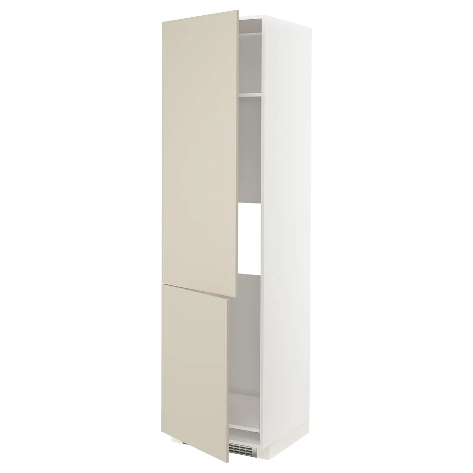 An open beige high cabinet from the ikea METOD kitchen system. It two doors, adjustable shelves, and is designed with a sleek, smooth finish.