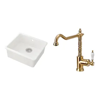GLITTRAN/HAVSEN set: inset sink, 1 bowl + kitchen mixer tap, white + brass-colour, 53x47 cm