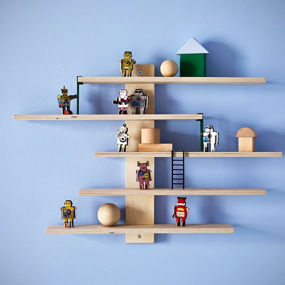 Unique wall shelf, white, wooden, holds various toys, shaped like a house, part of LUSTIGT series.