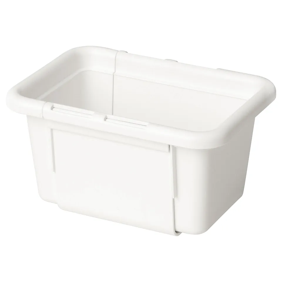 A white KACKLA storage bin, rectangular, made of durable polypropylene plastic. It has an extendable design for flexible storage.