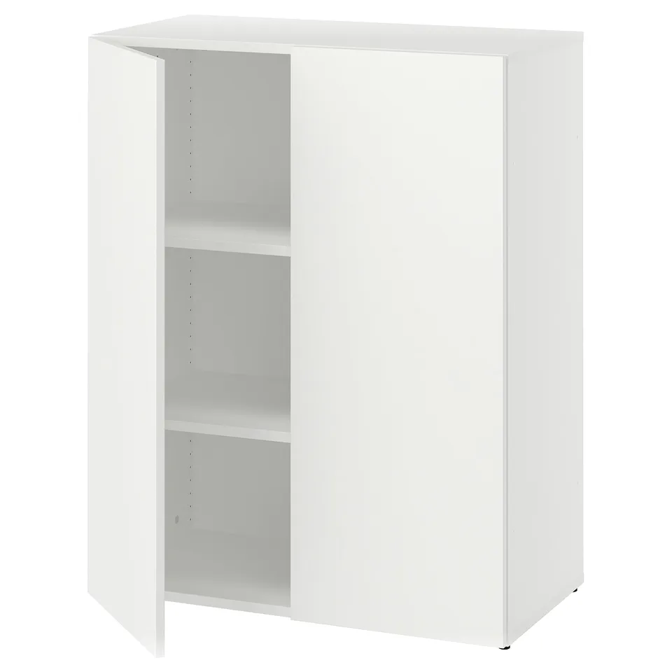 A white LASTARE storage unit with an open compartment and shelves. The modern design is versatile for various spaces.
