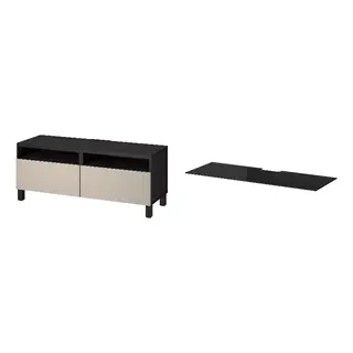 BESTÅ set: TV bench with drawers + top panel for TV, black-brown/Lappviken/Stubbarp light grey/beige + glass black, 120x42x48 cm