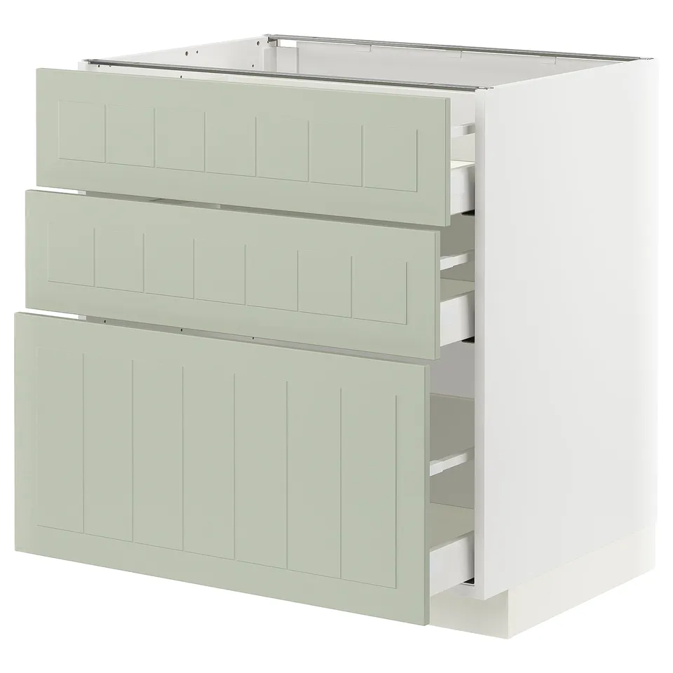 Ikea METOD kitchen unit in green with three drawers, white base, vertical grooves, durable particleboard, and metal runners.