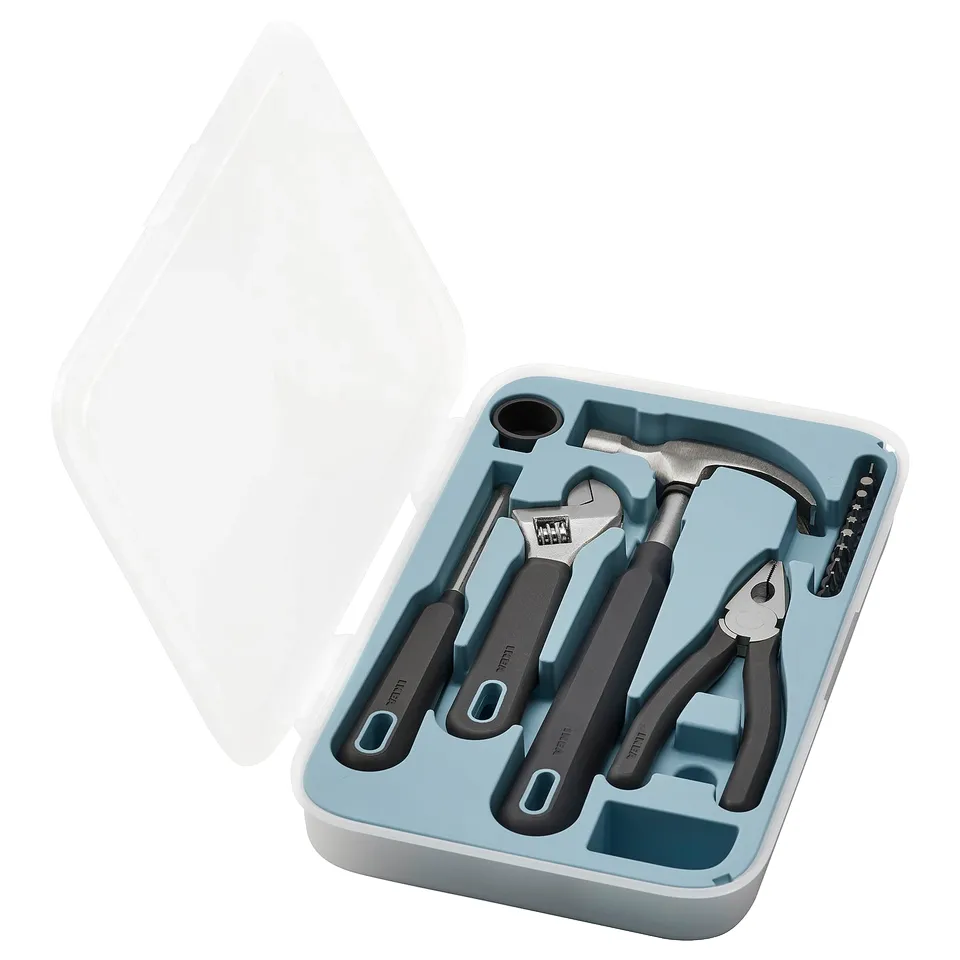TRIXIG tool set in blue case w/ hammer, wrench, pliers, & screwdriver. Durable, 50% recycled plastic.