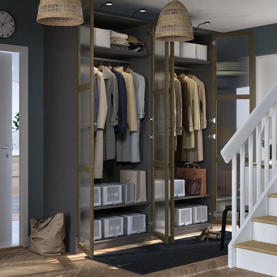 Wardrobe PAX: coat storage, shelves, lights, adjustable.