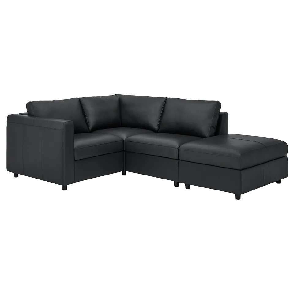 Black l-shaped VIMLE sofa with storage ottoman, modern sleek design.