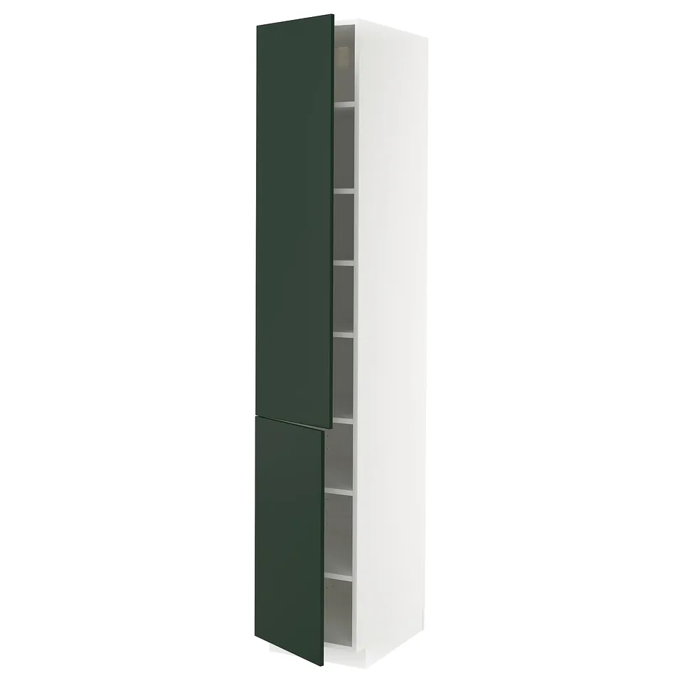 Modern kitchen cabinet in white with green doors. Tall, rectangular shape with adjustable shelves.