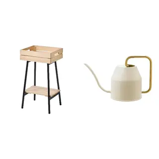 VANILJSTÅNG/VATTENKRASSE set: plant stand + watering can, pine/black + ivory/gold-colour