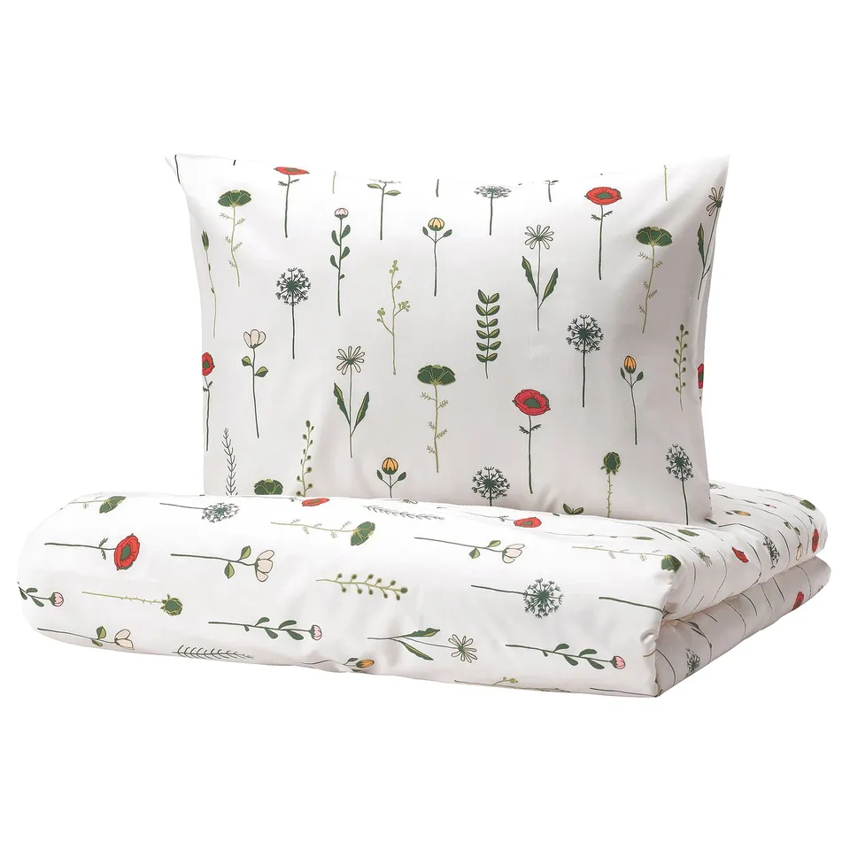 NATTSLÄNDA duvet cover & pillowcase: white, flower design, 50% cotton, 50% lyocell, soft, rectangular.