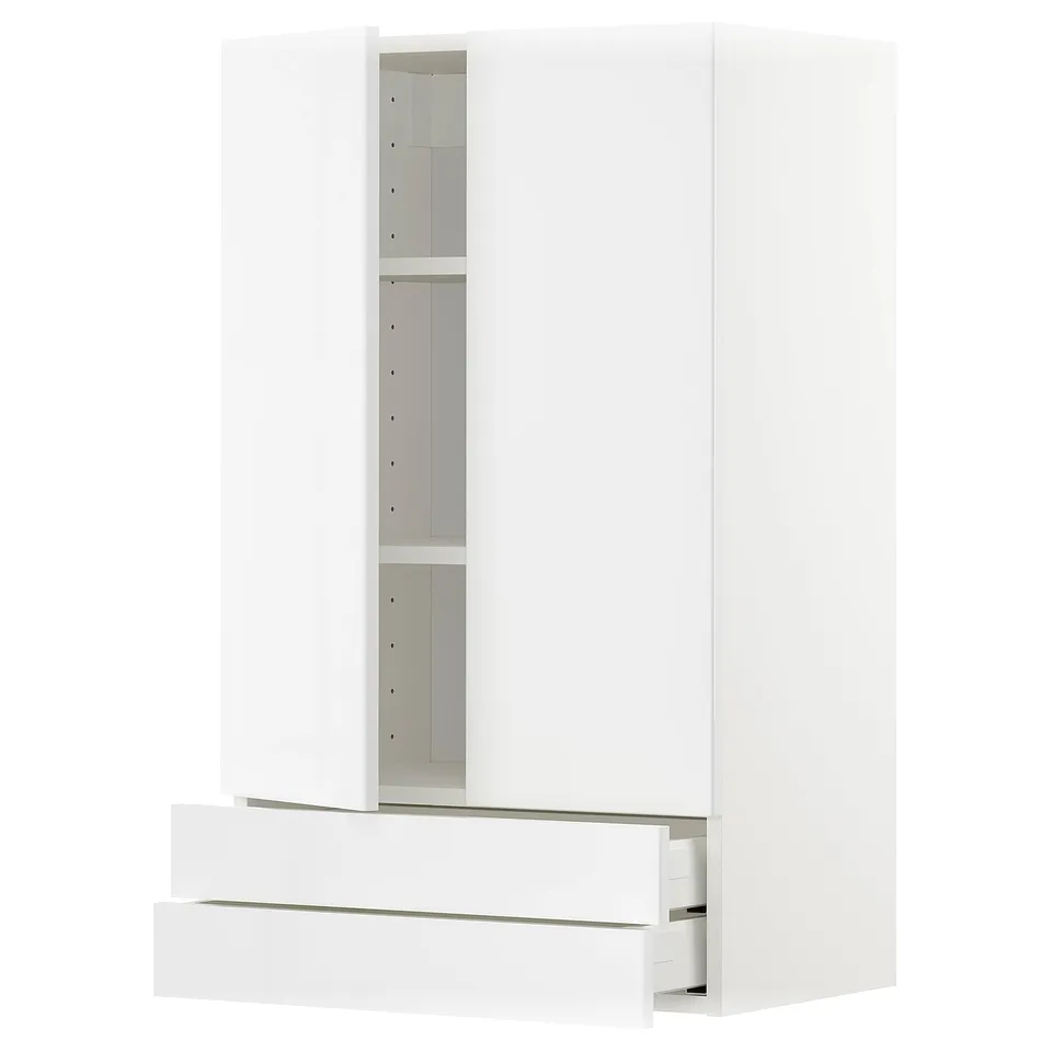 Modern white kitchen cabinet with two drawers and shelf, glossy finish.