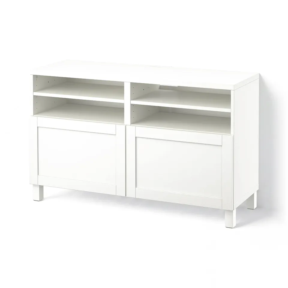 BESTÅ TV bench with doors, white/Hanviken/Stubbarp white, 120x42x74 cm
