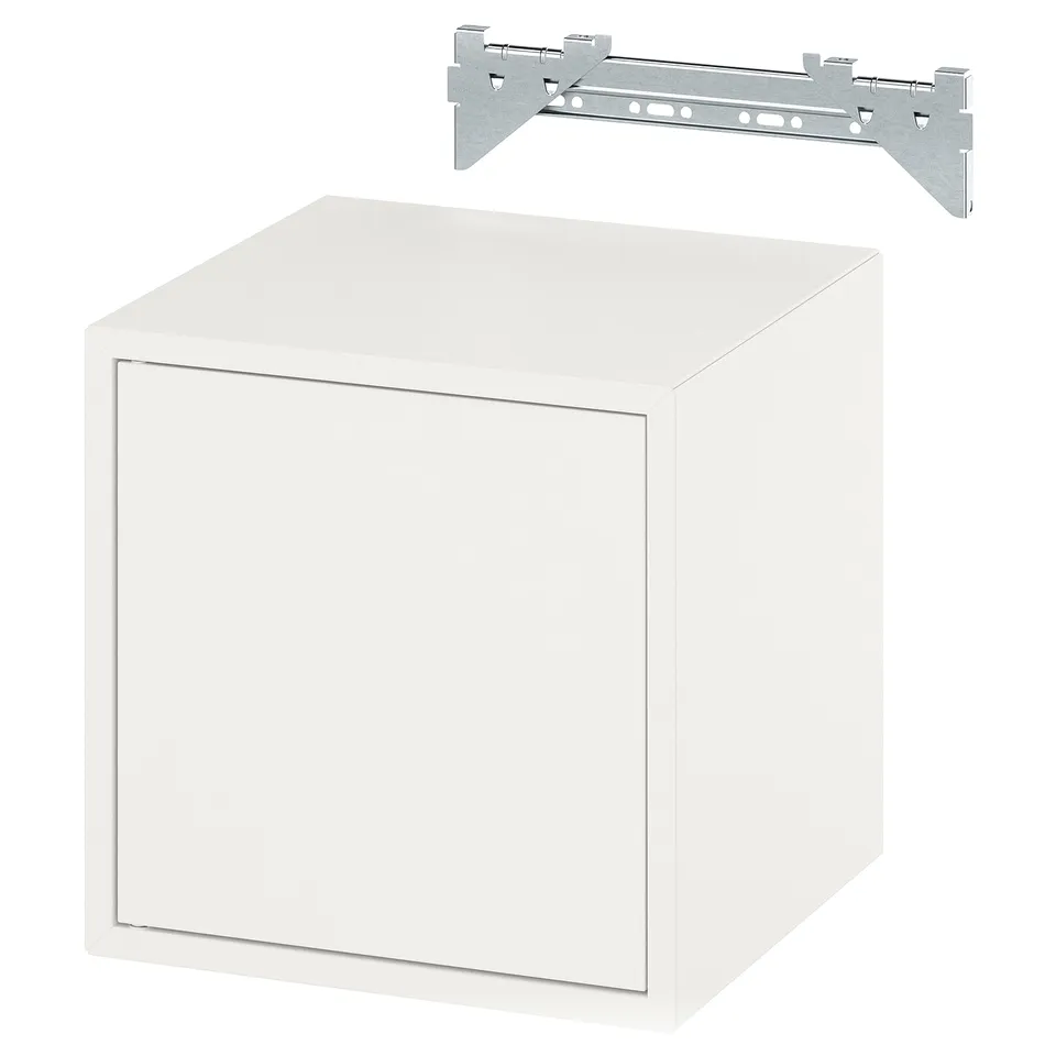 White EKET storage cube, metal suspension rail.