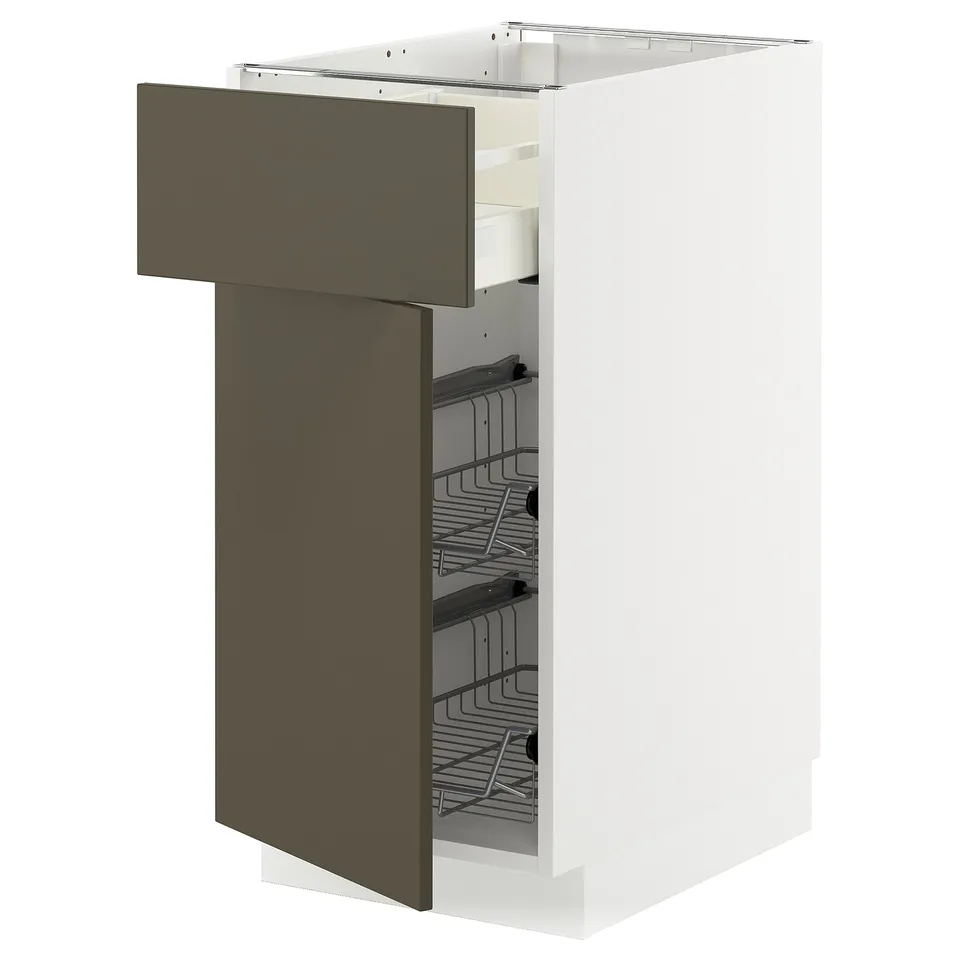 White METOD cabinet with dark brown drawer, wire baskets.