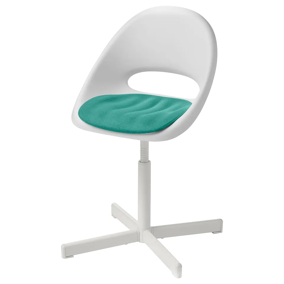 A white LOBERGET adjustable kids chair with a green cushion, featuring a sleek modern design and a swivel base.