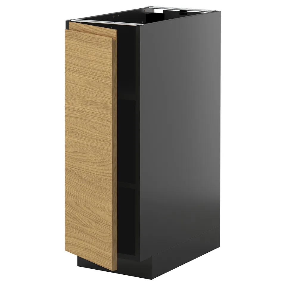 This image the METOD kitchen cabinet in black and oak. The design is modern with minimalistic handles, and it is an upright rectangular shape.