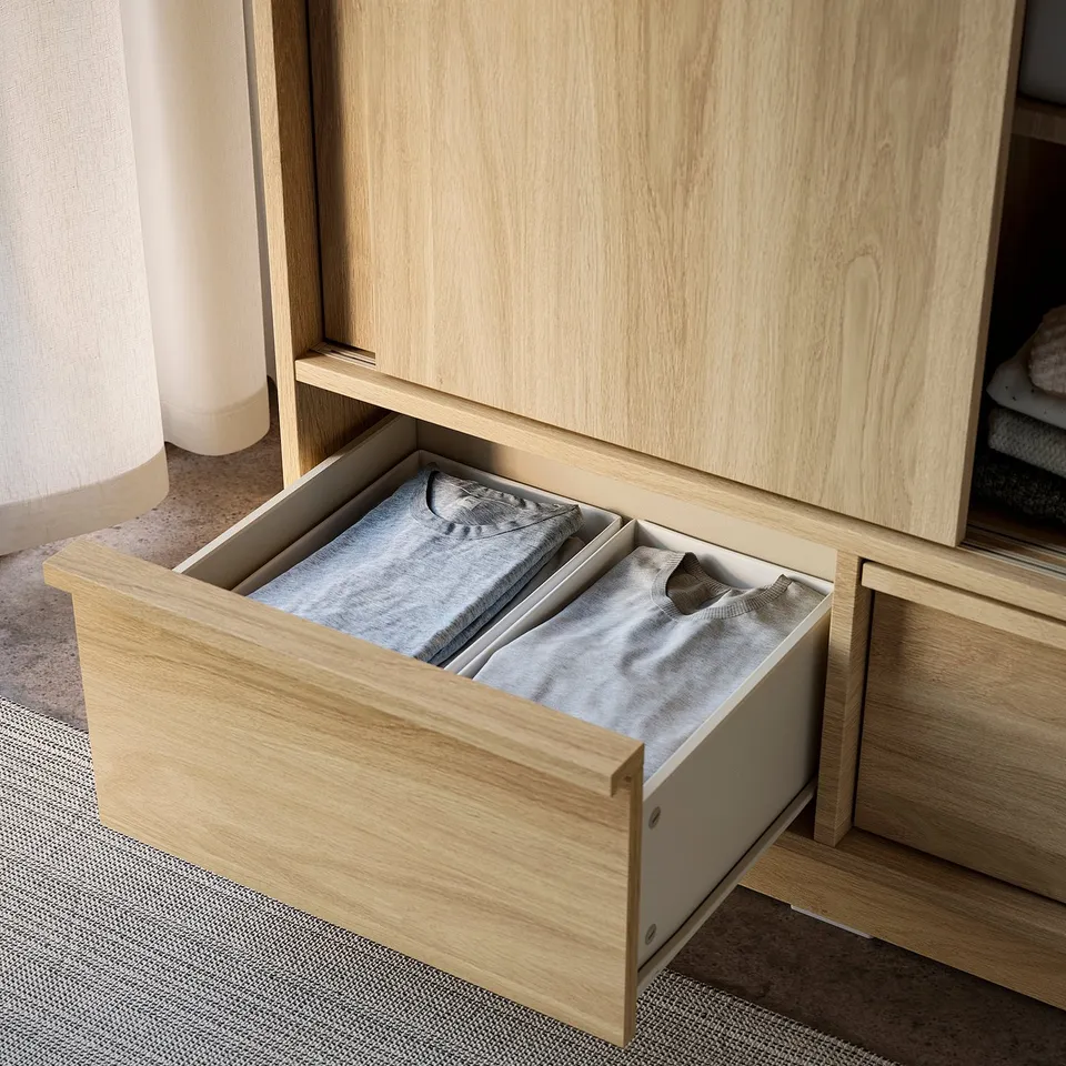 ANKARUDDEN Wardrobe with sliding doors, oak effect, 98x60x190 cm