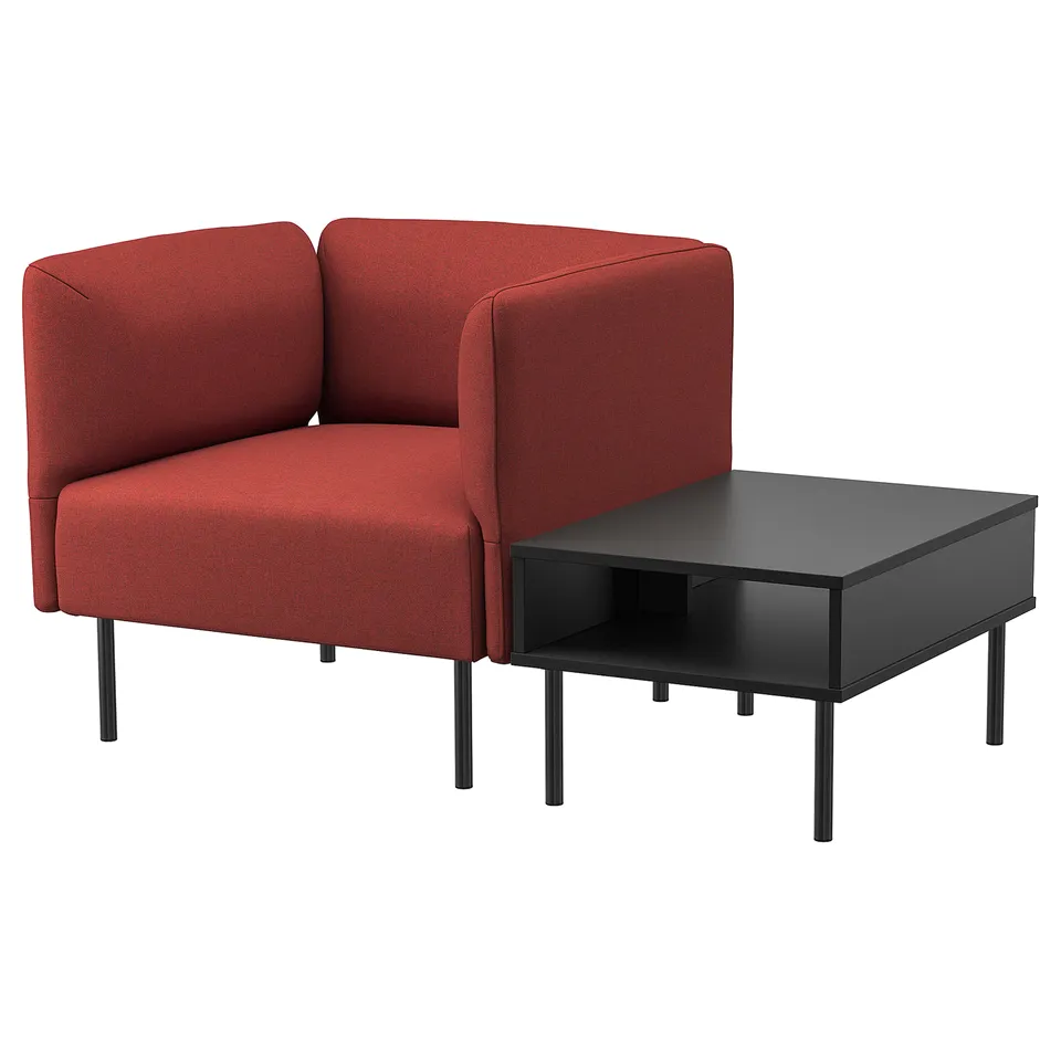 Red lilleham modular sofa with black tunsta table. Thick cushions, metal legs.