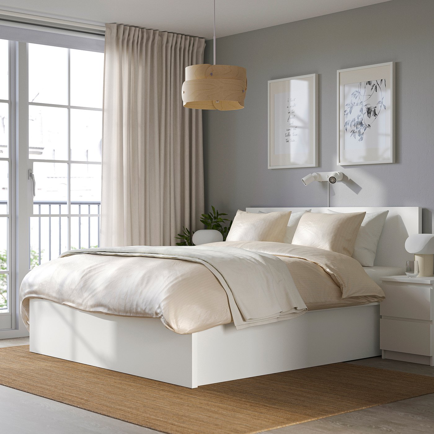 Modern bedroom with MALM bed, plush bedding, headboard, wall lamp, art, and large window with curtains.