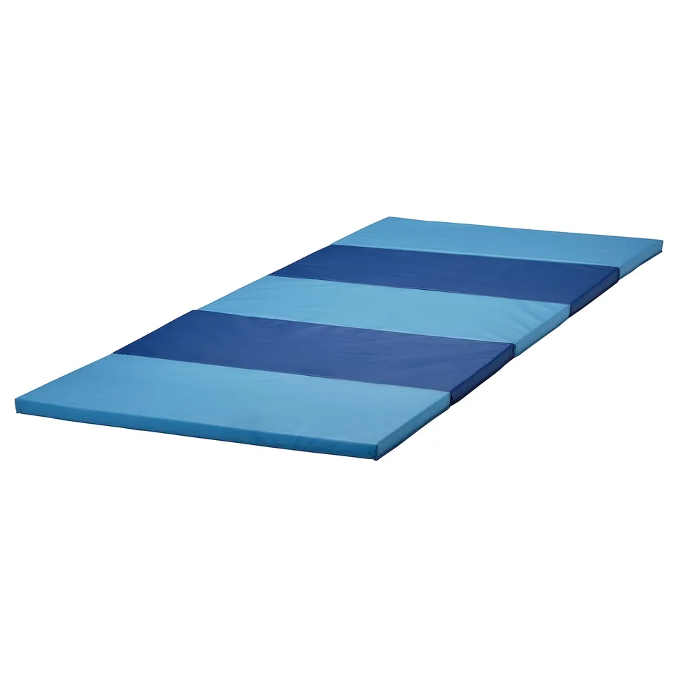 Foldable blue gym mat, soft & safe, eco-friendly.