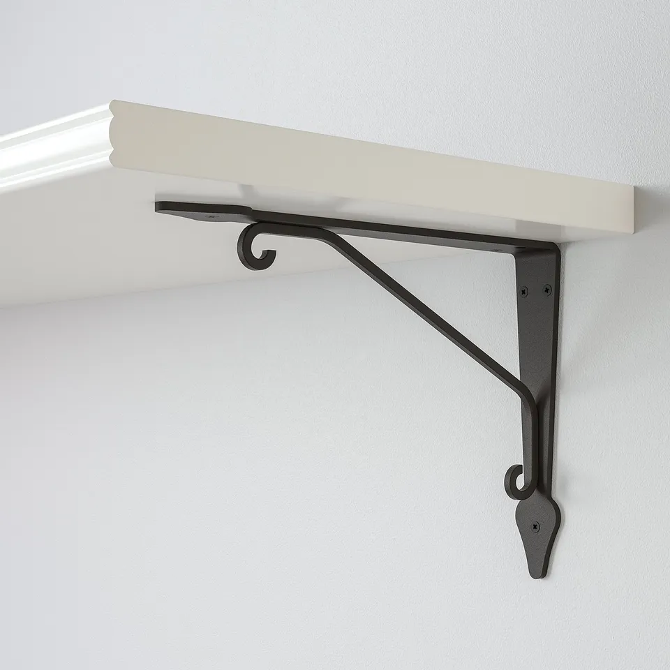 Black metal bracket holds rectangular shelf. Sturdy design, minimalist style.