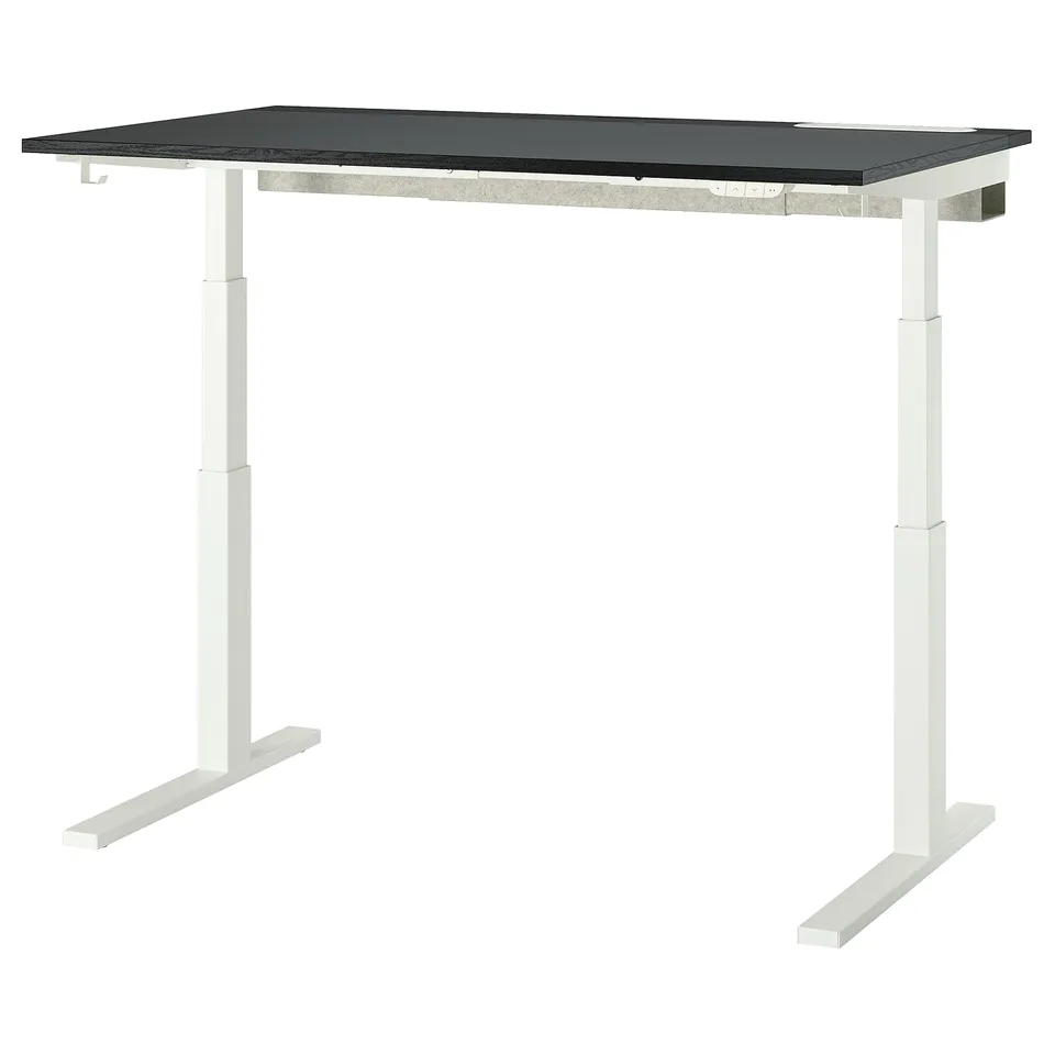 MITTZON desk: sleek black top, white legs, adjustable height, minimalist design.